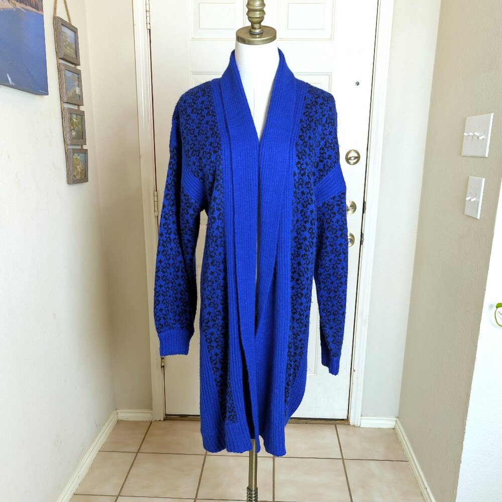 Vintage Monto Por Le Chois Open Front Cardigan Duster Size L Blue Black Thick